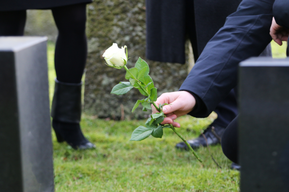 Bilde av person med hvit rose ved en grav